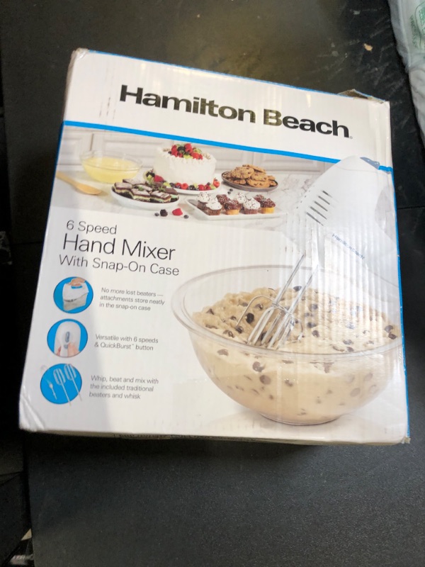 Photo 1 of Hamilton Beach 6-Speed Electric Hand Mixer with Whisk, Traditional Beaters, Snap-On Storage Case, 250 Watts, White