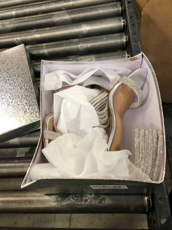 Photo 1 of 100FIXEO Sexy Rhinestone High Heeled Sandals Elegant Open Toe ankle strap Stiletto Heel Wedding Dress Shoes(Silver, 7)