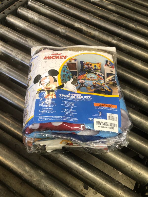 Photo 1 of Disney Mickey Mouse Funhouse Crew Blue, Red and Yellow, Funny, Donald Duck, Goofy and Pluto 4 Piece Toddler Bed Set - Comforter, Fitted Bottom Sheet, Flat Top Sheet, and Reversible Pillowcase