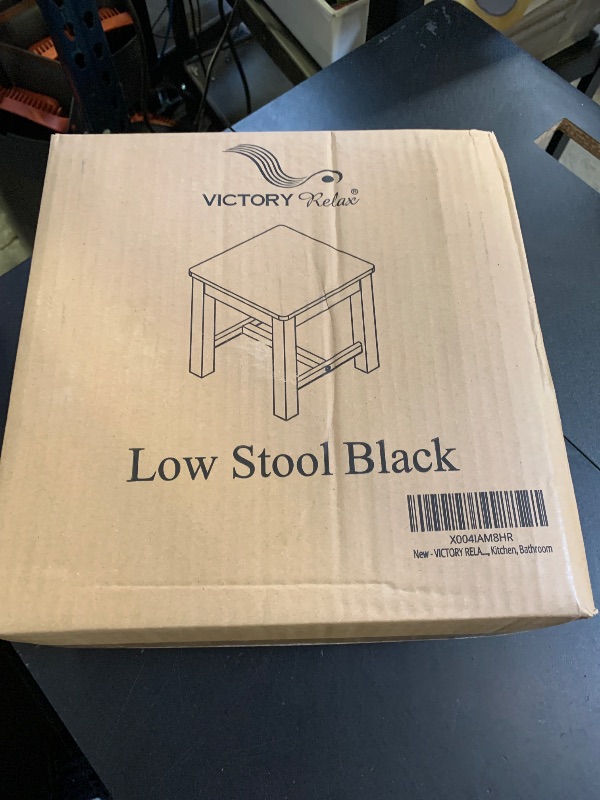 Photo 1 of VICTORY RELAX 12 Inch Wooden Black Step Stool, Small Nature Beach Chair Under Desk, Indoor Acacia Wood Short Footstool for Living Room, Kitchen, Bathroom