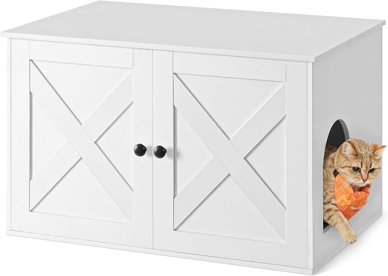 Photo 1 of Feandrea Cat Litter Box Enclosure, Litter Box Furniture Hidden with Removable Divider, Indoor Cat House, End Table, 31.5 x 20.9 x 19.7 Inches, White UPCL002W01
