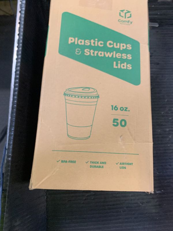 Photo 1 of GUSTO Clear Plastic Cups with Lids [16 oz - 50 Count] - Disposable Iced Coffee Drink Cups with Strawless Sip Lids for Smoothies, Juices, and More - Formerly Comfy Package