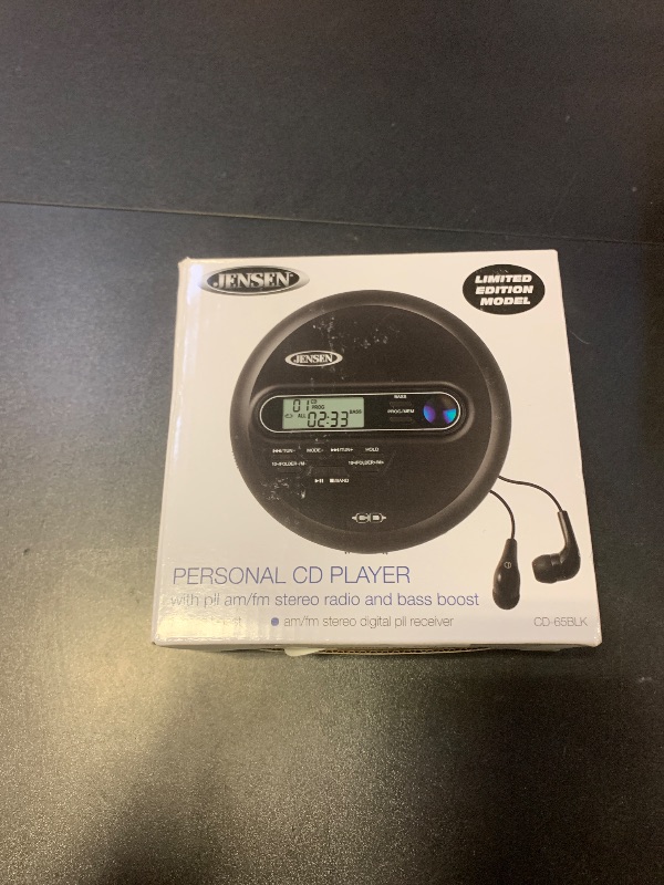 Photo 1 of Jensen CD-65 Portable Personal CD Player CD/MP3 Player + Digital AM/FM Radio + with LCD Display Bass Boost 60-Second Anti Skip CD R/RW/Compatible Sport Earbuds Included (Black Limited Edition Series)