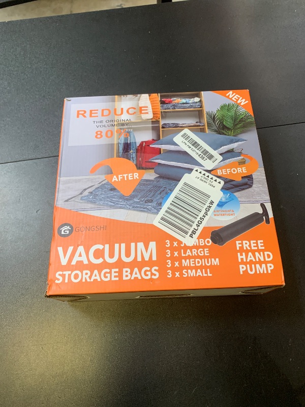 Photo 1 of 12 Pack Vacuum Storage Bags (3 Jumbo, 3 Large, 3 Medium, 3 Small),Plastic Packaging Bags,Space Saver Sealer Compression Bags with Travel Hand Pump for Blankets, Comforters, Pillows, Clothes Storage