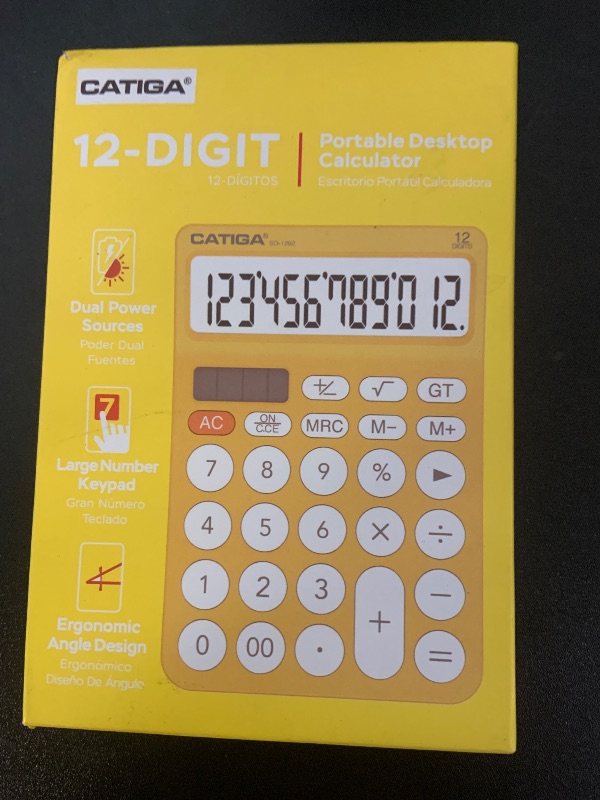 Photo 1 of CATIGA 12 Digit Desktop Calculator Basic Desk Calculator with Large LCD Display, Big Buttons, 4 Function, Solar and Battery Dual Power, for Office, School, Home, SD-1292 Yellow