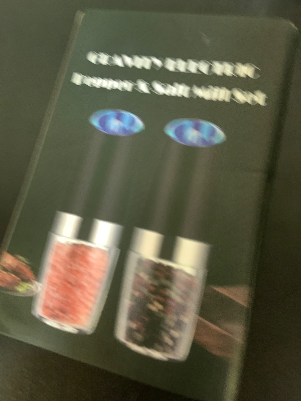 Photo 1 of Sweet Alice Gravity Electric Pepper and Salt Grinder Set, Adjustable Coarseness, Battery Powered with LED Light, One Hand Automatic Operation, Stainless Steel Black, 2 Pack