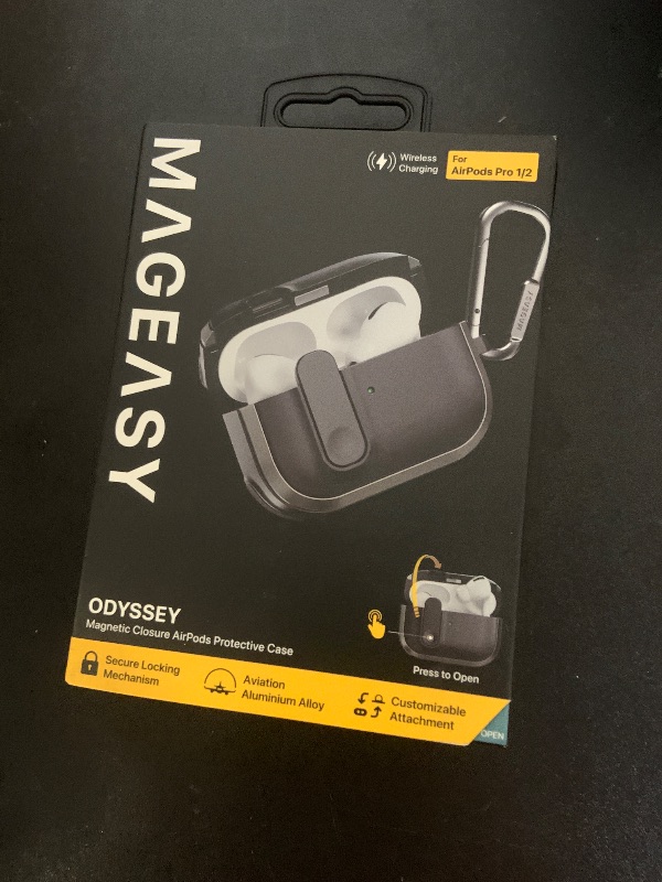 Photo 1 of MAGEASY Design for AirPods Pro 2 Case Cover - Rugged AirPods Pro Case with Lock | Work with Cable, Official Apple Watch & MagSafe Charging | Include Carabiner - Odyssey, Metal Black