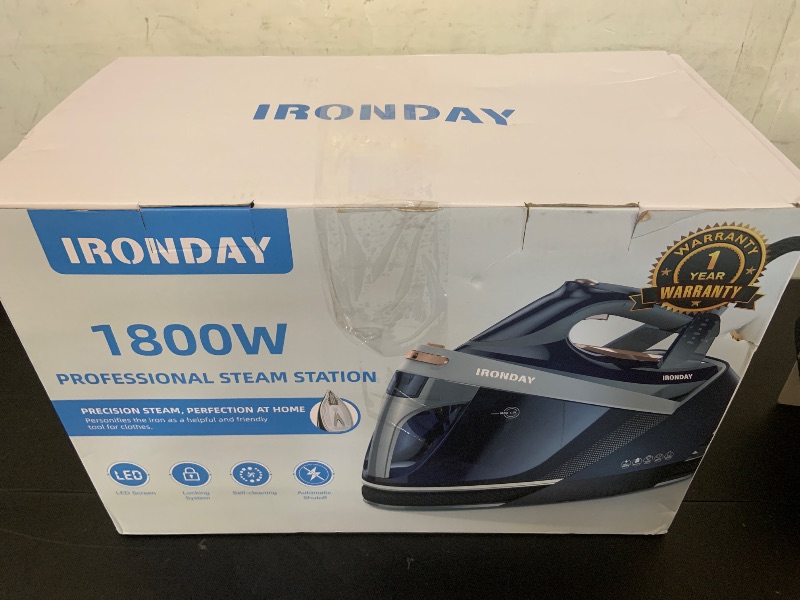 Photo 1 of IRONDAY Steam Station for Clothes with LED Screen, 1800W Steam Iron Ceramic Soleplate, Auto Shutoff, Self-clean, Anti-drip, 50.72oz Removable Water Tank Ironing Steamer for Various Fabrics, Blue