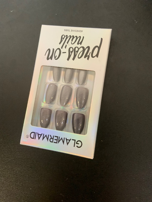 Photo 1 of GLAMERMAID Dark Purple Magnet Cat Eyes Press on Nails Short Almond, Black Aurora Handmade Jelly Gel Fake Nail Kit, Ombre Glitter Magnetic Glue on Nail Stiletto, Medium Oval Stick on False Nail Women