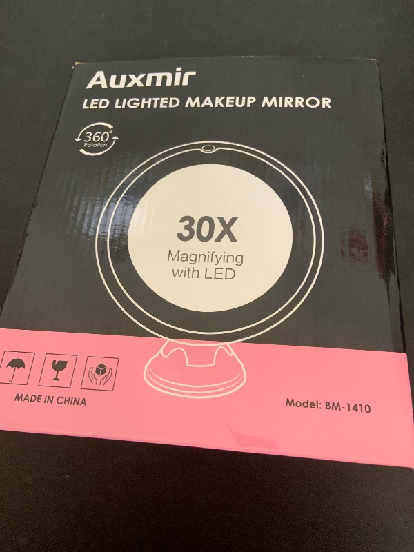 Photo 1 of Auxmir 2025 Upgraded 30X Magnifying Mirror with Light, Makeup Mirror with 2-Level Lights, Vanity Mirror with Power Suction Cup and Tweezers, 360° Swivel, Portable Bathroom Mirror for Home Travel
