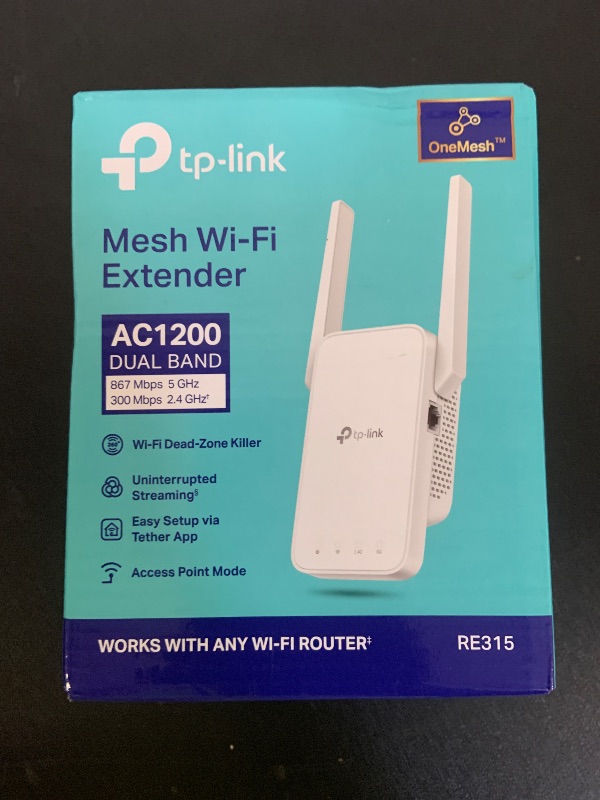 Photo 1 of TP-Link AC1200 WiFi Extender, 2025 Wirecutter Best WiFi Extender, 1.2Gbps Home Signal Booster, Dual Band 5GHz/2.4GHz, Up to 1600 Sq.ft and 32 Devices, EasyMesh Compatible, One Ethernet Port (RE315)