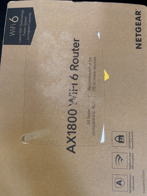 Photo 1 of NETGEAR 4-Stream WiFi 6 Router (R6700AX) – Security Features, AX1800 Wireless Speed (Up to 1.8 Gbps), Covers up to 1,500 sq. ft., 20 Devices
