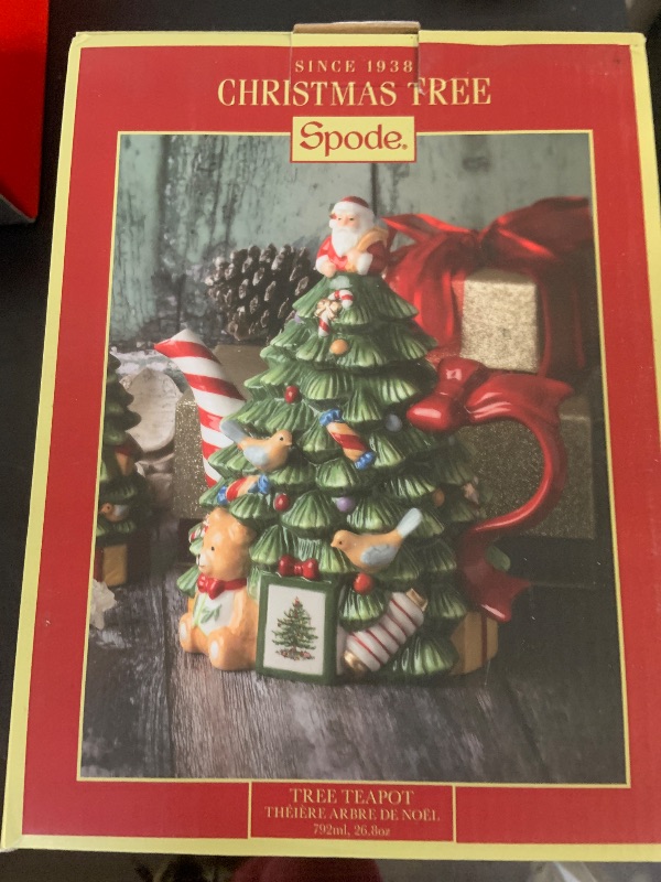 Photo 1 of Spode Christmas Tree Figural Teapot - Festive 27 oz Christmas Teapot with Mistletoe Accents, Peppermint Stripe Spout, and Ribbon Handle - Decorative Dolomite Tea Pot for Holiday Tea Parties