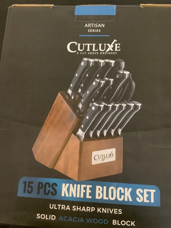 Photo 1 of Cutluxe 15-Piece Knife Set – Premium Acacia Wood Block – Knife Set for Kitchen, Ultra Sharp High Carbon German Stainless Steel, Full Tang – Artisan Series