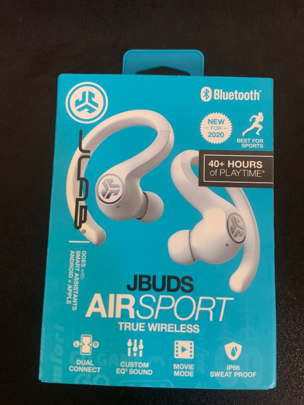 Photo 1 of JLab JBuds Air Sport True Wireless Bluetooth Earbuds + Charging Case, White, IP66 Sweat Resistance, Class 1 Bluetooth 5.0 Connection, 3 EQ Sound Settings Signature, Balanced, Bass Boost