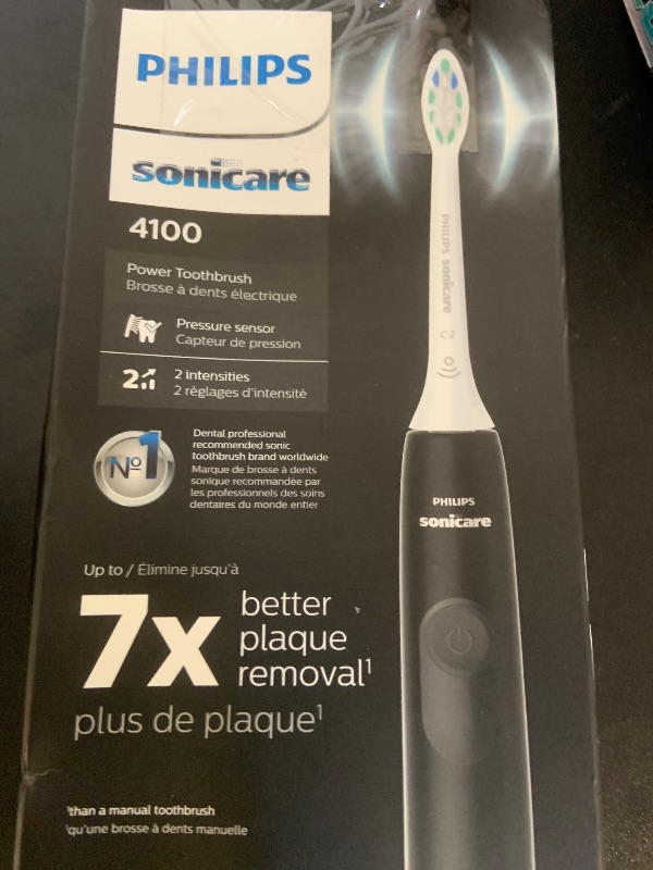 Photo 1 of Philips Sonicare 4100 Rechargeable Electric Toothbrush, with Pressure Sensor, 2 Intensity Settings, SmarTimer and QuadPacer, 14-Day Battery Life, Black, Model HX3681/24