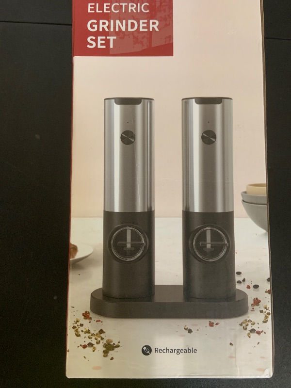 Photo 1 of SIKITUT Electric Salt and Pepper Grinder Set with Type-C Rechargeable Base, Automatic Pepper Mill Grinder Refillable Set, Adjustable Coarseness, One Handed Operation, LED Light, 2 Pack