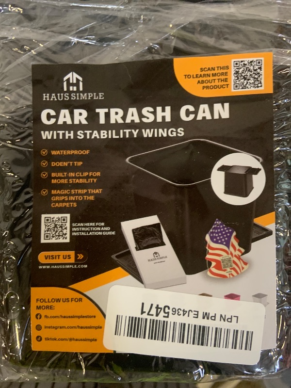 Photo 1 of HAUSSIMPLE Car Trash Can with Stability Wings | Magic Strip & Clip for Both Fabric & Rubber Mats | Durable Plastic, Easy Pull Trash Bags for Quick Replacement (Black, with Trash Bags)