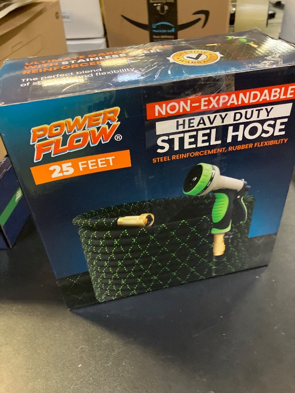 Photo 1 of PowerFlow Garden Hose, NON-EXPANDABLE 25 Feet Premium Quality Stainless Steel Metal Water Hose with Durable Fabric Skin, Hose For Commercial, Residential Use, Bonus 10-way Spray Nozzle (25 Ft, Black)