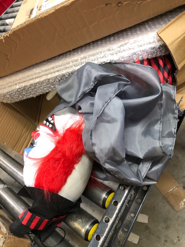 Photo 1 of Haunted Hill Farm Standing Clown and Animatronic Talking Skull Clown in a Box for Battery Operated Scary Indoor or Covered Outdoor Halloween Decoration 