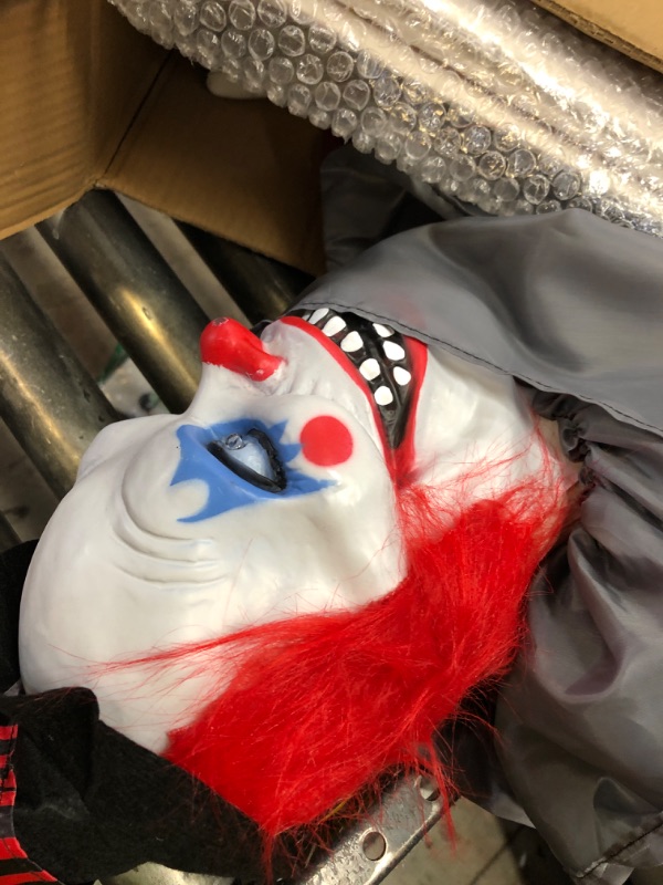 Photo 1 of Haunted Hill Farm Standing Clown and Animatronic Talking Skull Clown in a Box for Battery Operated Scary Indoor or Covered Outdoor Halloween Decoration 