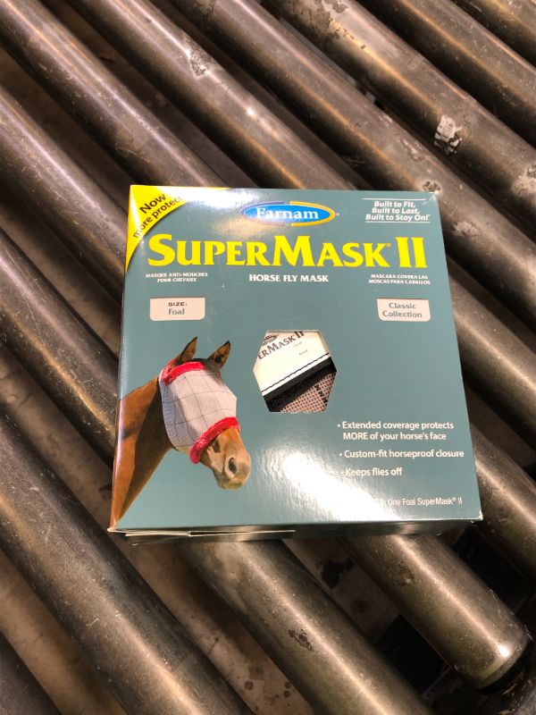 Photo 1 of Farnam SuperMask II Fly Mask Without Ears for Foals, Full Face Coverage and Eye Protection from Insect Pests, Structured Classic Styling Mesh with Plush Trim, Foal Size
