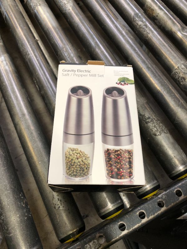 Photo 1 of Gravity Electric Salt and Pepper Grinder Set of 2, Adjustable Coarseness, Automatic Mill Grinder, Battery Powered with Blue LED Light, One Hand Operated (Sliver 2 Pack)