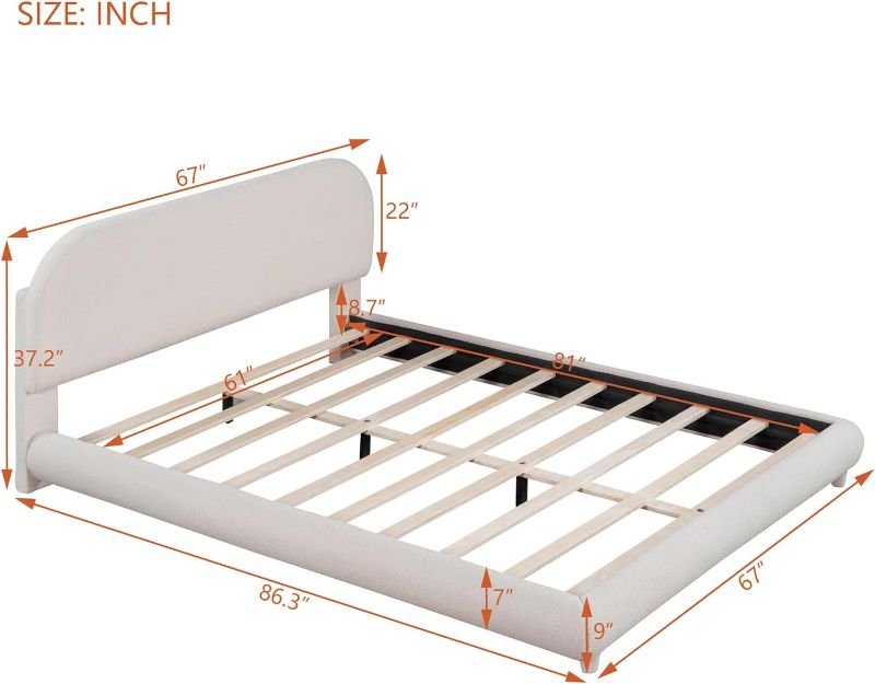 Photo 1 of INCOMPLETE: Fleece Upholstered Platform Bed with Curve-Shaped Design Headboard, Stylish Queen Size Platform Bed with Thick Fabric, Solid Wood Frame, No Box Spring Needed (Beige,Queen)