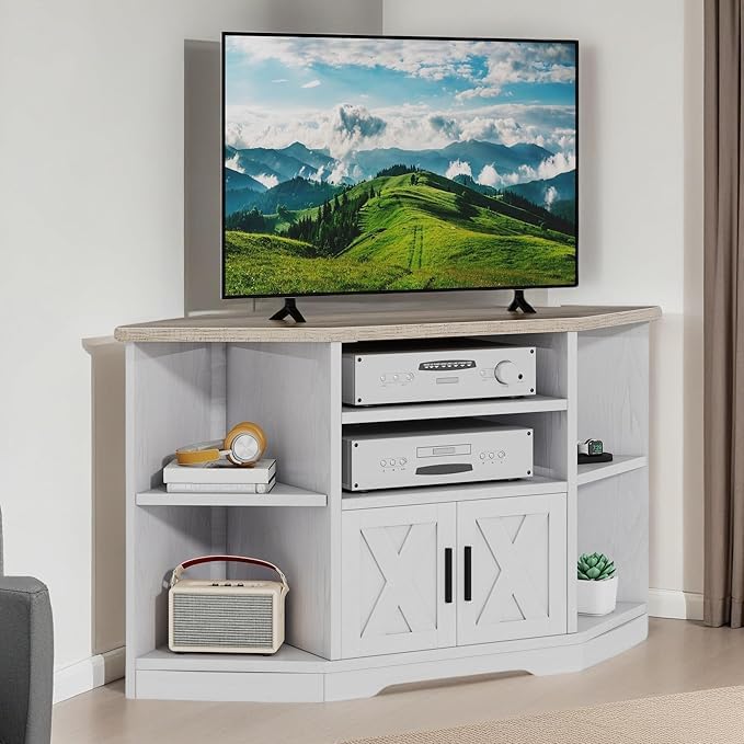 Photo 1 of DWVO Farmhouse Corner TV Stand for Living Room, TV Stand for 55 Inch TV, Entertainment Center with Storage and Power Outlet, TV Console Cabinet, Grey Wash & Grey White