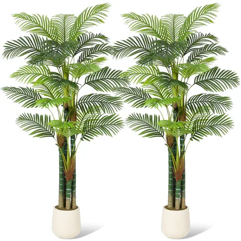 Photo 1 of Garvee 7FT Tall Palm Tree Fake Plant Golden Cane Palm Trees Large Artificial Plants Faux Plants for Living Room Yard Indoor Outdoor Home Decor with White Base Set of 2 