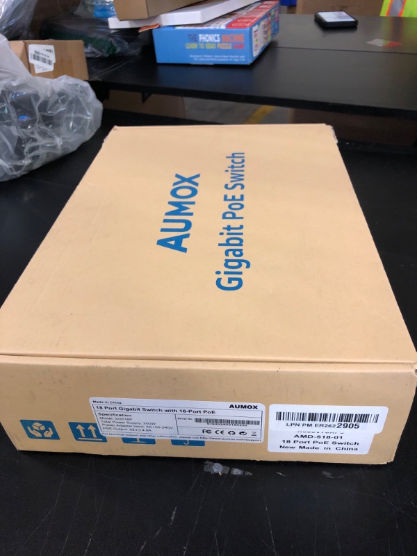 Photo 1 of Aumox 18-Port Ethernet Gigabit PoE Switch, 16-Port PoE with 2 Uplink Gigabit Ports, 250W Built-in Power, Metal Casing and 19-inch Rackmount, Traffic Optimization, Plug and Play, Unmanaged(SG518P)