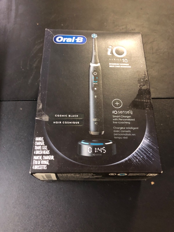 Photo 1 of Oral-B iO Series 10 Rechargeable Electric Toothbrush with Visible Pressure Sensor to Protect Gums, 2 Min Timer, 7 Cleaning Settings, 4 Replacement Toothbrush Heads, and Charging Travel Case, Black