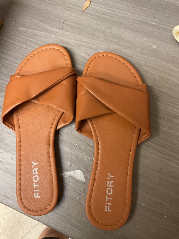 Photo 1 of FITORY Women's Flat Sandals Fashion Slides With Soft Leather Slippers for Summer All Brown Size 8