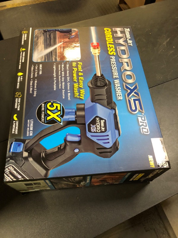 Photo 1 of Ontel Turbo Jet HydroX5 Pro Portable Cordless Pressure Washer (21V 3000mAh Battery), 6-in-1 Nozzle, Dual Water Source, 16ft Detachable Hose