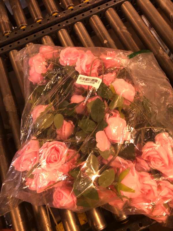 Photo 1 of Jexine 100 Pieces Artificial Roses Flowers Bulk, Long Stem Realistic Fake Silk Roses Bouquet for Table Centerpiece Vases Wedding Party Home Kitchen Decor (Pink)
