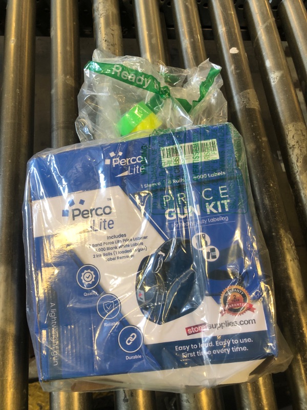Photo 1 of Perco Lite 1 Line Price Gun with Labels Kit - Includes 1 White Roll, 6 Multicolored Rolls, 2 Ink Rollers, 1 Ink roll and Labels Pre-Loaded