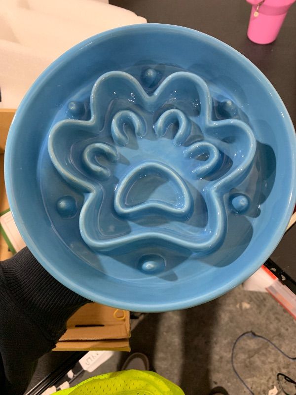 Photo 1 of ITEM IS MISSING STAND. BOWL ONLY -----------------------------------------LE SERVETA Ceramic Slow Feeder Dog Bowls, Raised, 3 Cups Elevated Slow Feeder with Wooden Stand for Medium Large Breed, Puzzle Dog Food Bowl, Flower (blue)
