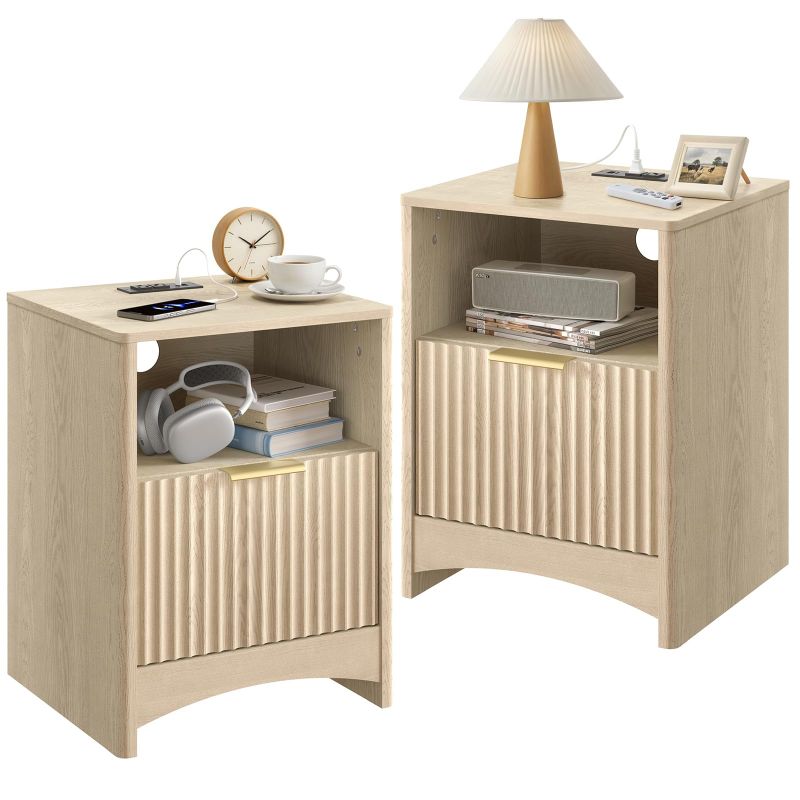 Photo 1 of Marsail Fluted Nightstand Set of 2 with Charging Station, Adjustable Bedside Table with USB & AC Ports, Wood Grain Finish End Table, Sleek Wide Handle, Side Table for Bedroom, Natural Oak