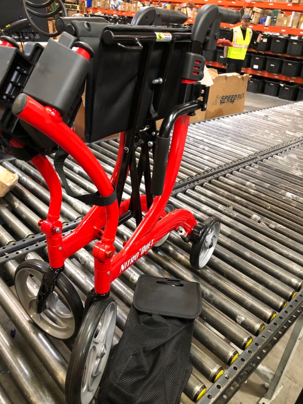 Photo 1 of Drive Medical Nitro Dual Function Transport Wheelchair and Rollator Rolling Walker Combo with Hand Activated Brakes and Back Support, Red