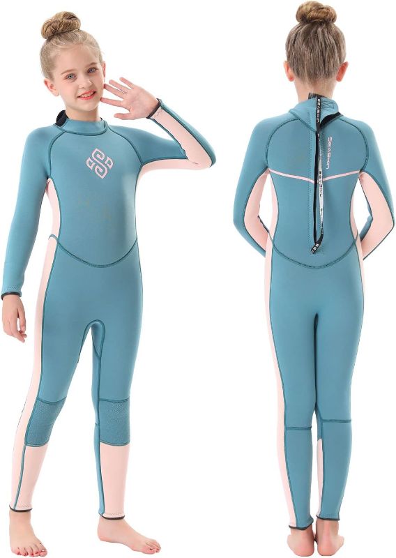Photo 1 of Kids Girls Boys Wetsuit Full Body Neoprene Thermal Swimsuit 2.5MM for Toddler Youth Children Teen, Long Sleeve Child Scuba Diving Surf Suit One Piece Sun Protection for Water Sports (Girl Pink, S)
