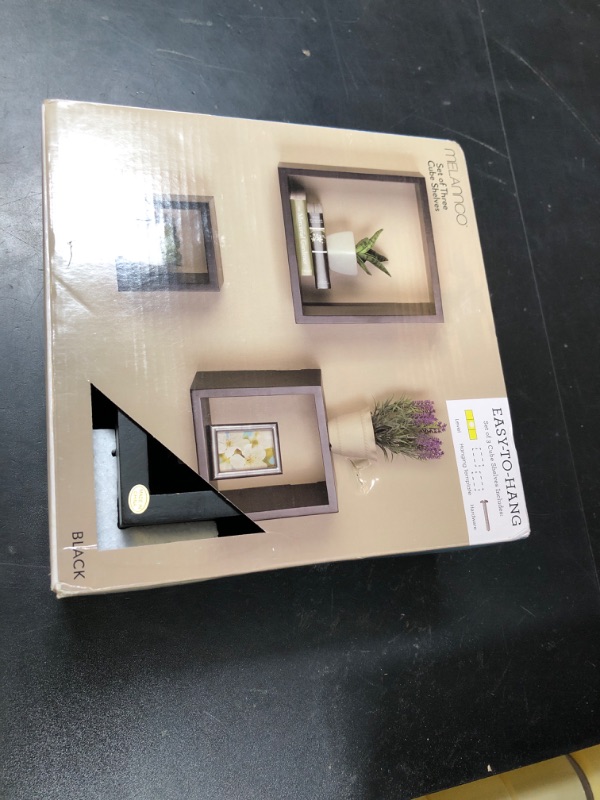 Photo 1 of MELANNCO Floating Wall Square Cube Shelves for Bedroom, Living Room, Bathroom, Kitchen - Wood, Set of 3, Black, 5007043