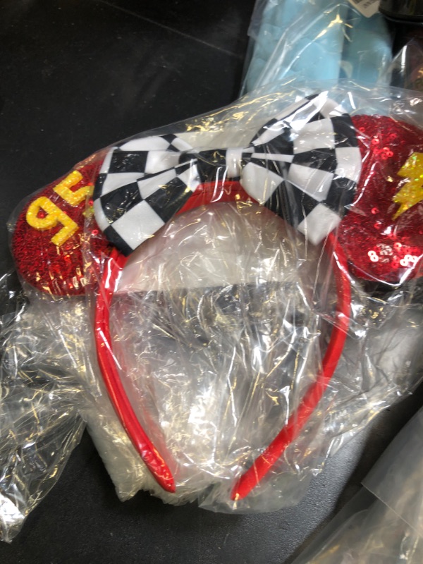 Photo 1 of RAZKO Sequin Minnie Ears Headband, Glitter Red Lightning Mouse Ears with Bow, Park Princess Ears for Women, Girls, and Kids (Cars-95)