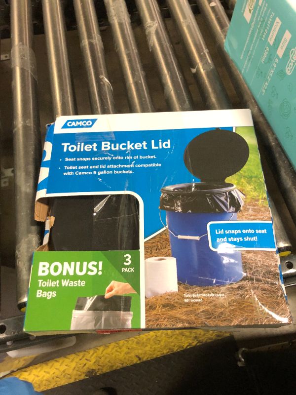 Photo 1 of Camco Bucket Toilet Seat with Lid - Converts Standard 5 Gallon Bucket into Portable Toilet for Camping - Convenient Camping Toilet for Hunting & More - Includes 3 RV Toilet Waste Bags (41546)