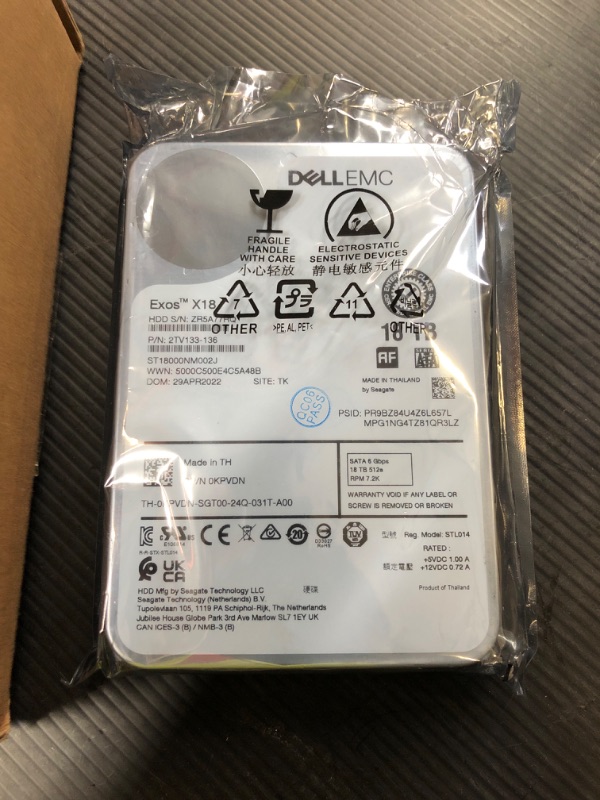 Photo 1 of Dell Exos X18 18TB SATA 6Gb/s 7200RPM 3.5-inch Enterprise HDD - ST18000NM002J (Renewed)