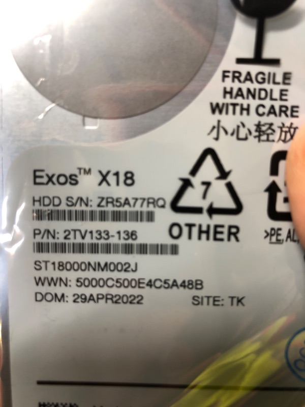 Photo 1 of Dell Exos X18 18TB SATA 6Gb/s 7200RPM 3.5-inch Enterprise HDD - ST18000NM002J (Renewed)
