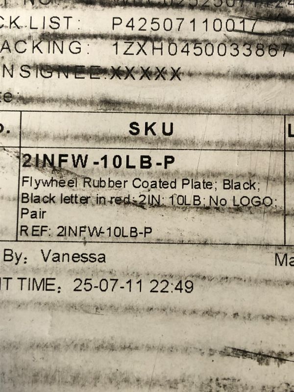Photo 1 of FLYWHEEL RUBBER COATED PLATE; BLACK; BLACK LETTER IN RED 2IN, 10LB 