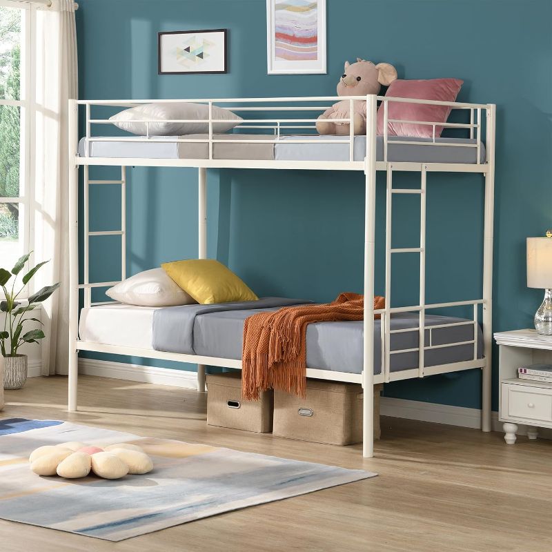 Photo 1 of VOXIV Twin Metal Bunk Bed, Metal Structure Bedframe with Safety Guardrails and 2 ladders Convertible Bunkbeds White