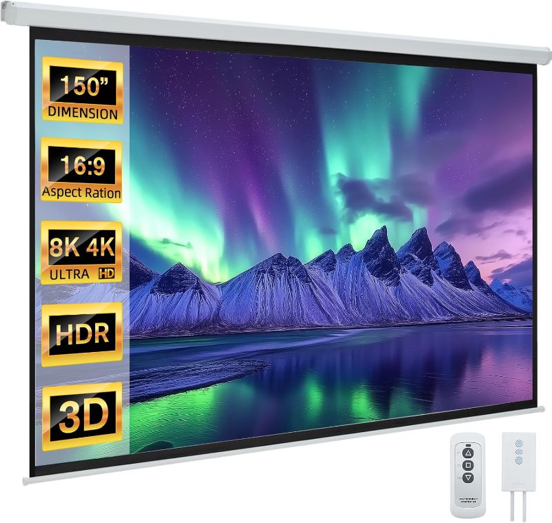 Photo 1 of YODOLLA 150" Projector Screen Motorized 16:9, 4K HD Pull Down Retractable Projection Screens Electric Automatic Wall Ceiling Movie Screen for Office Classroom Indoor with Remotes