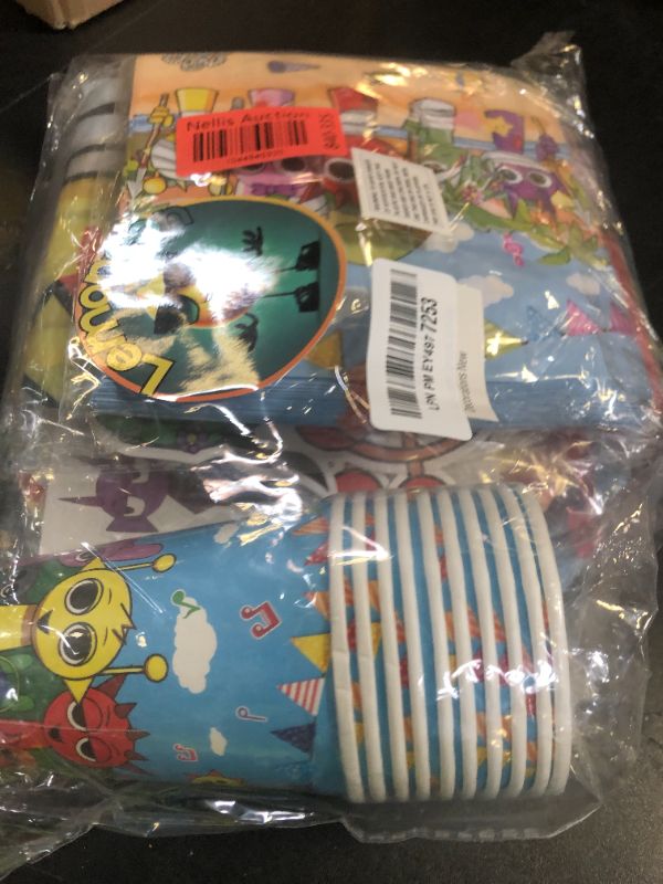 Photo 1 of Lemoneon Birthday Decorations Set Party Supplies Kids Party Favors 2025 with Banner Cake Topper Cupcake Toppers Balloons Stickers Hanging Swirls Plates Cups Napkins Background Tablecloth