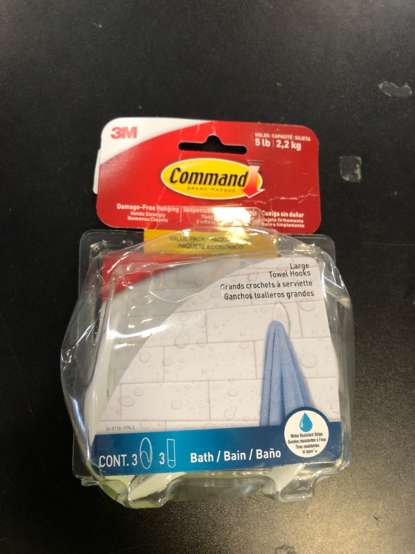 Photo 1 of Command Bath Large Towel Hook Value Pack, Clear Frosted, 3-Large Hooks, 3-Water-Resistant Strips, Organize Damage-Free